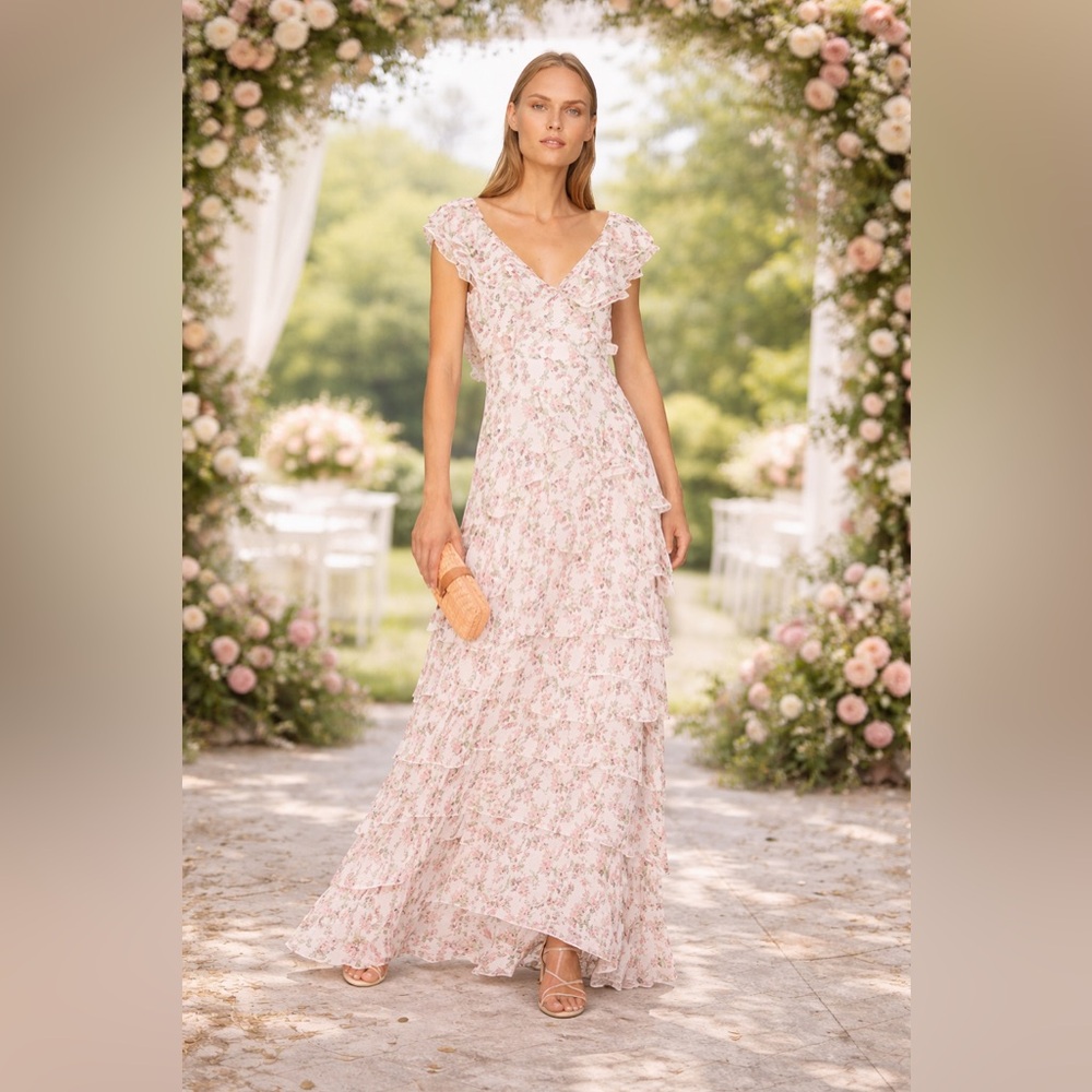 Sau Lee Floral Tiered Ruffle Maxi Dress | Size 2 | Wedding Guest | $498